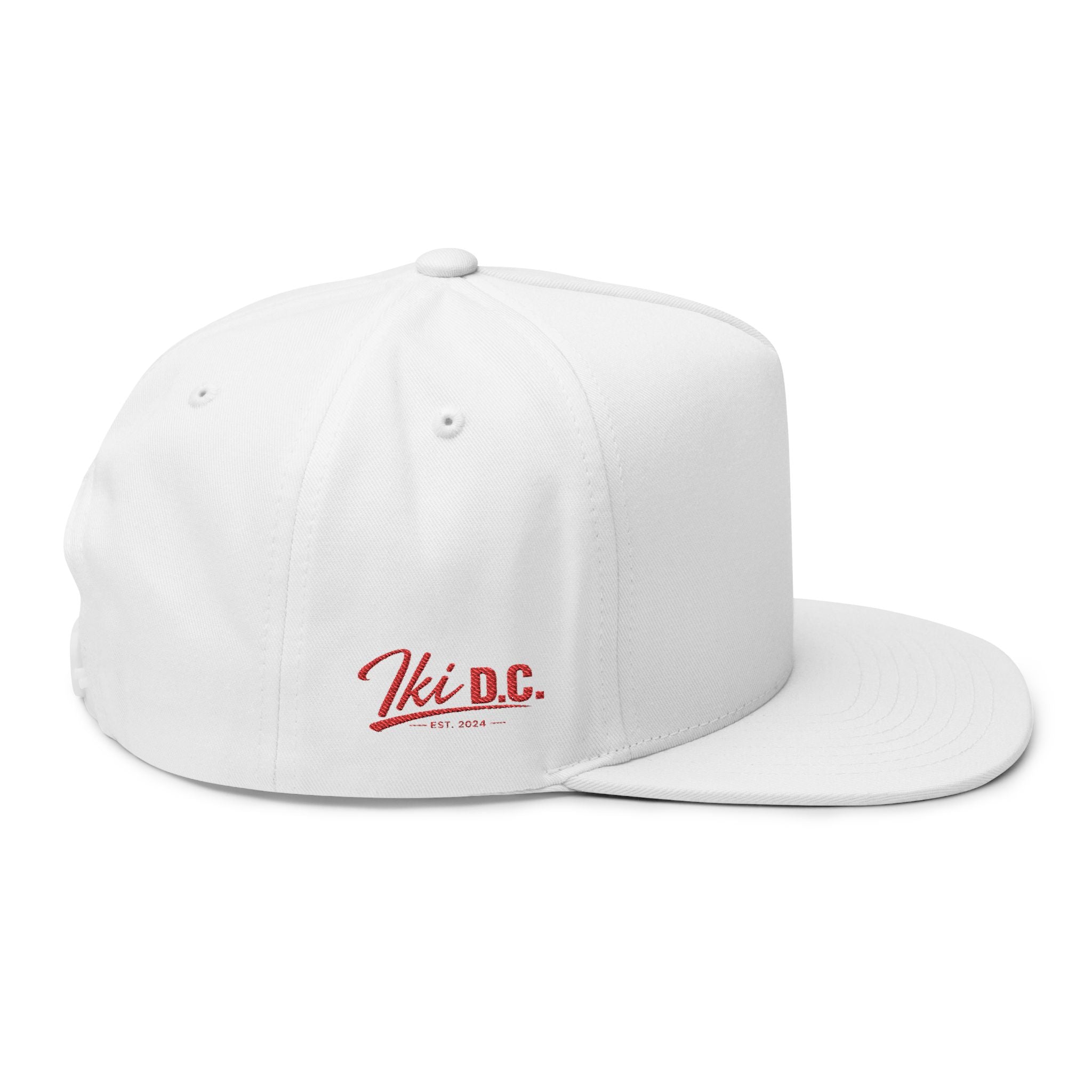 Flat Bill Cap — White Embroidered Snapback Hat
