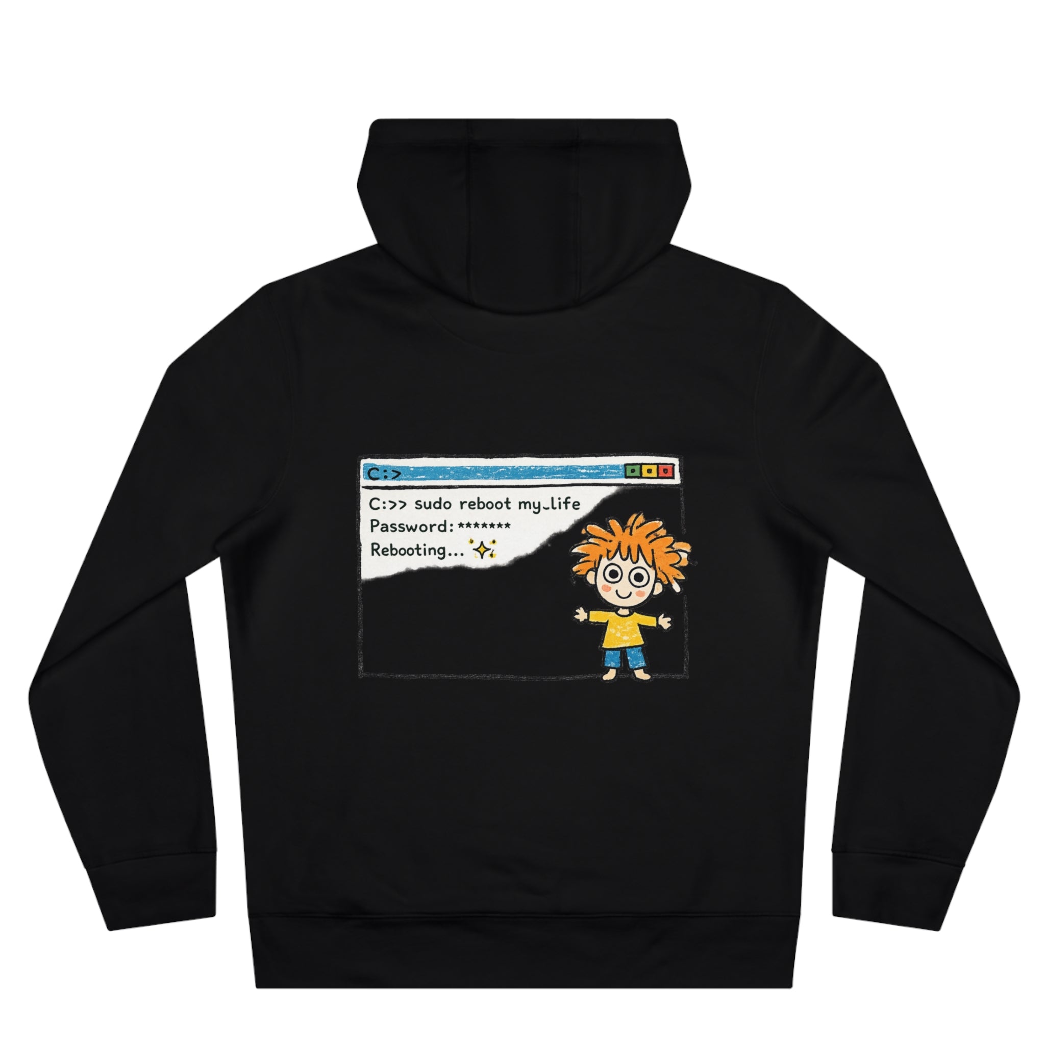 Reboot My Life cartoon popup Hoodie | Cute Kid character tech humor