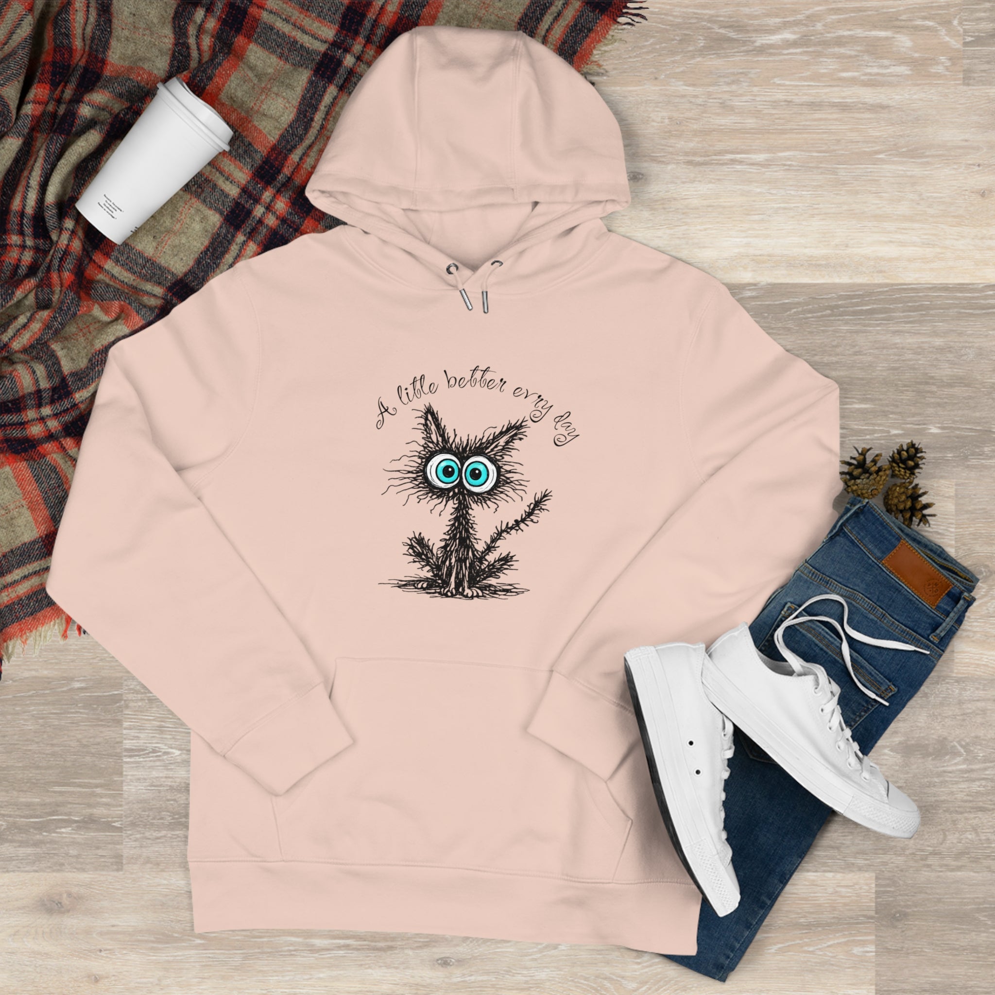 Blue Eyed Fuzzy Owl Illustration King Hooded Sweatshirt | Cute Owl Sketch Hoodie