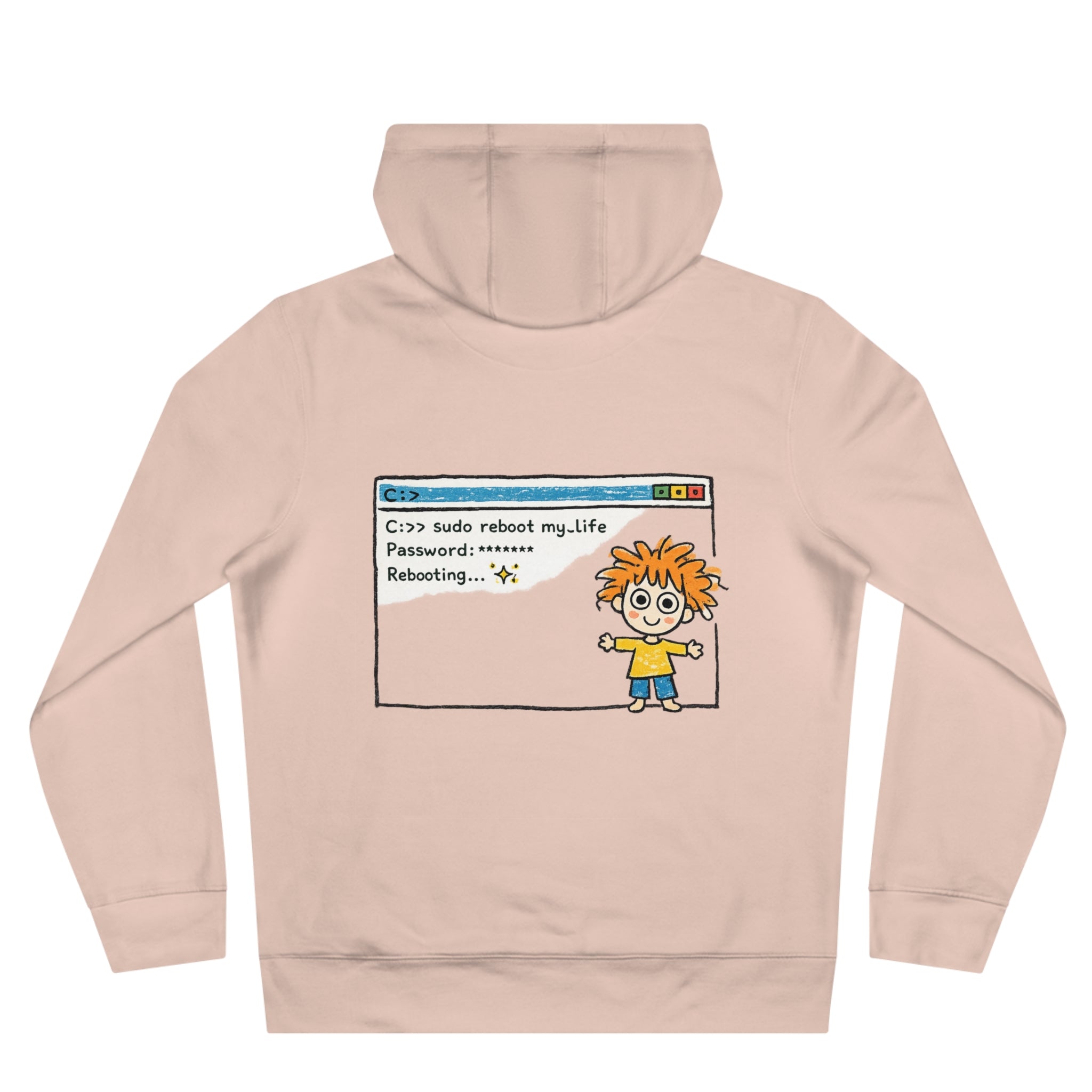 Reboot My Life cartoon popup Hoodie | Cute Kid character tech humor