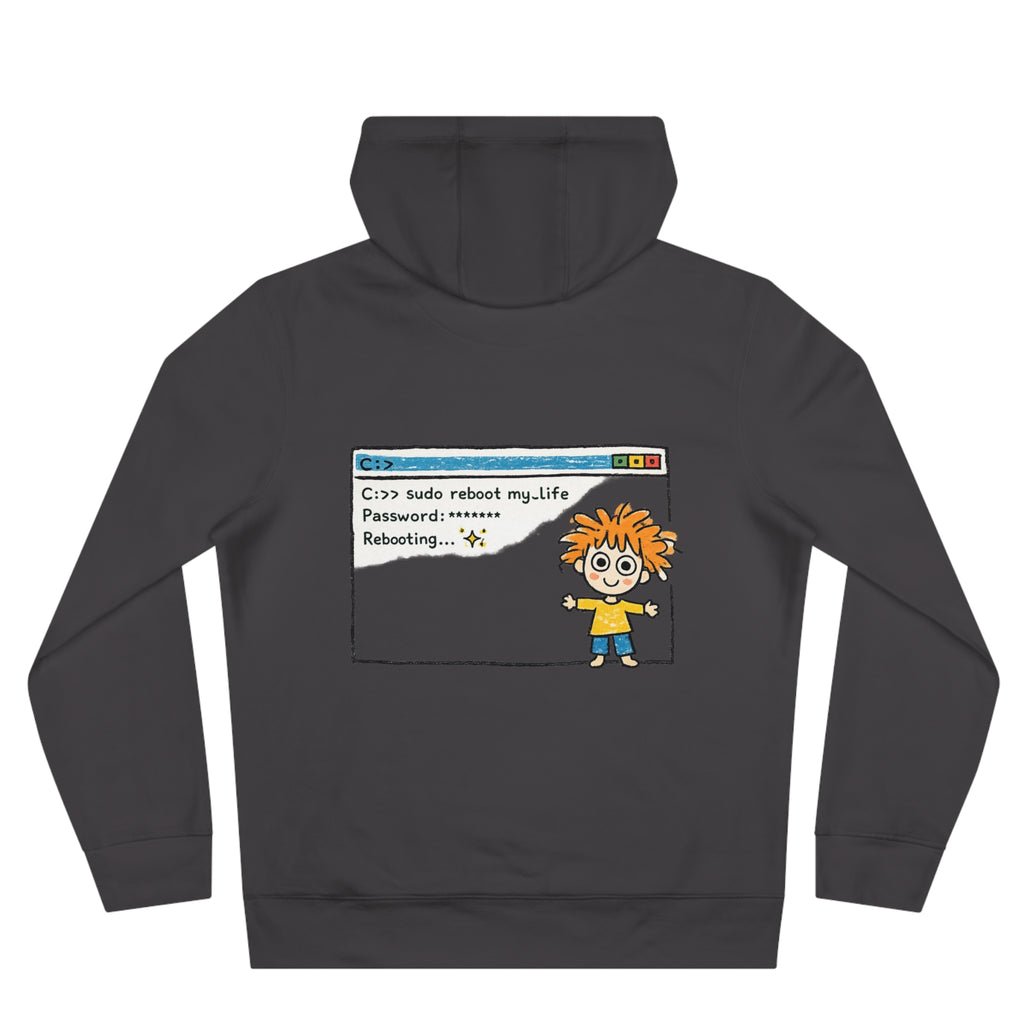 Reboot My Life cartoon popup Hoodie | Cute Kid character tech humor