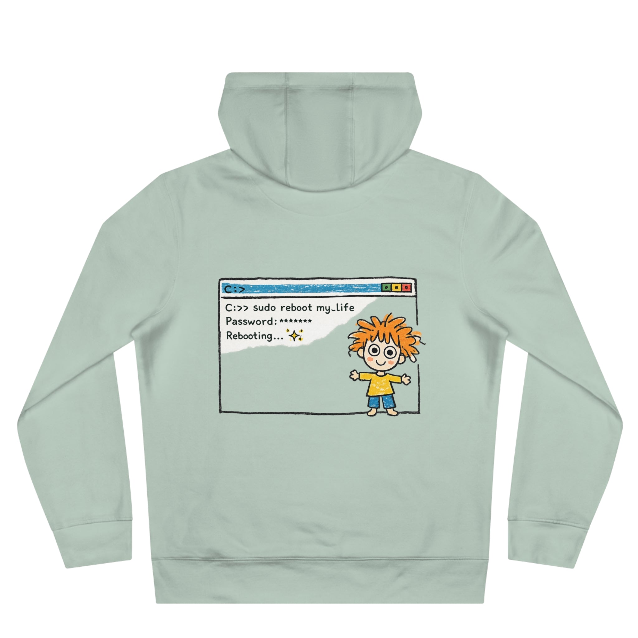 Reboot My Life cartoon popup Hoodie | Cute Kid character tech humor