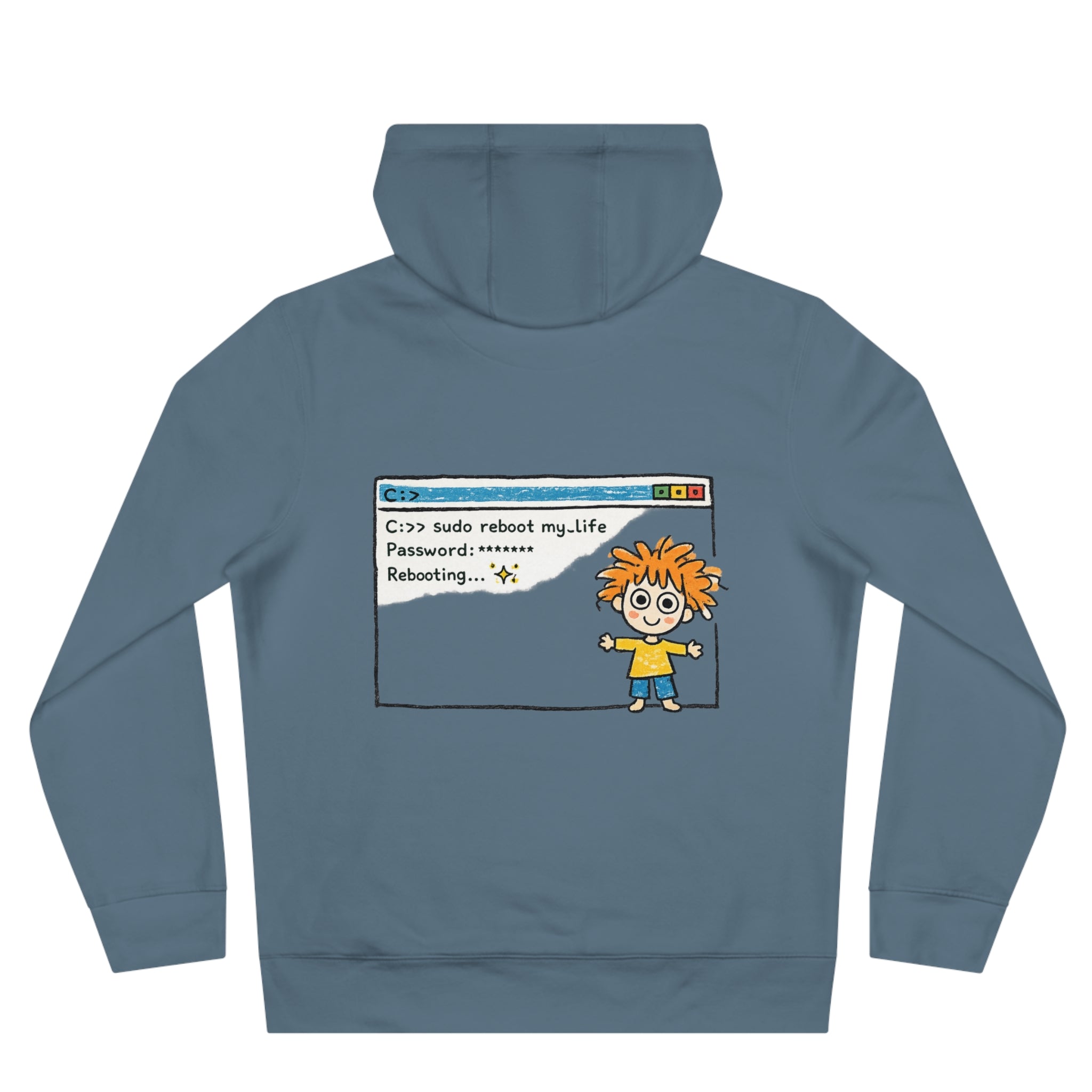 Reboot My Life cartoon popup Hoodie | Cute Kid character tech humor