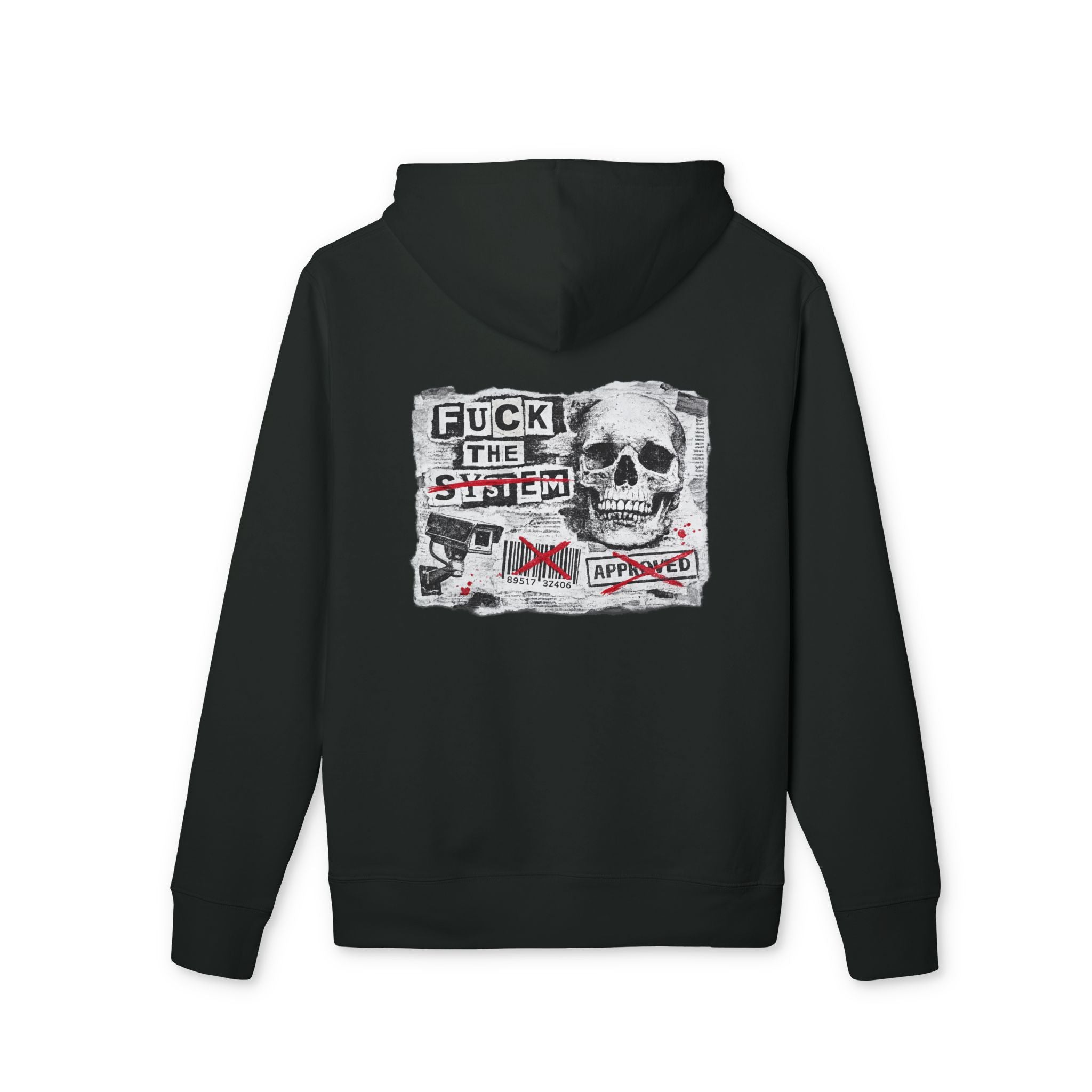 Skull Punk Collage Hoodie | BE FREE front, graphic back